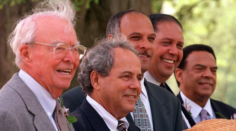 Former Atlanta mayors Ivan Allen, Sam Massell, Maynard Jackson, Bill Campbell, Maynard Jackson and Andy Young pose at a function in Piedmont Park in 1997. In 2017, Atlanta voters may elect the city's first white mayor since 1973. (AJC Staff Photo/Rich Addicks)