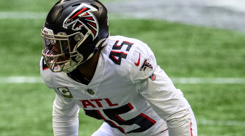 Atlanta Falcons linebacker Deion Jones (45) lines up during the first half against the Denver Broncos, Sunday, Nov. 8, 2020, in Atlanta. The Atlanta Falcons won 34-27. (Danny Karnik/AP)