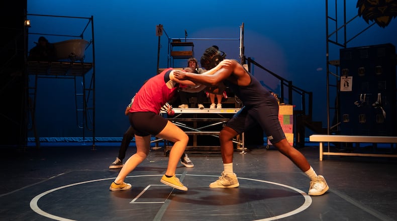 Erin North, left, and James Patrick on stage in a new play by Aaron Levy, "The Student Body," co-produced by Destination Theatre at The Galloway School.