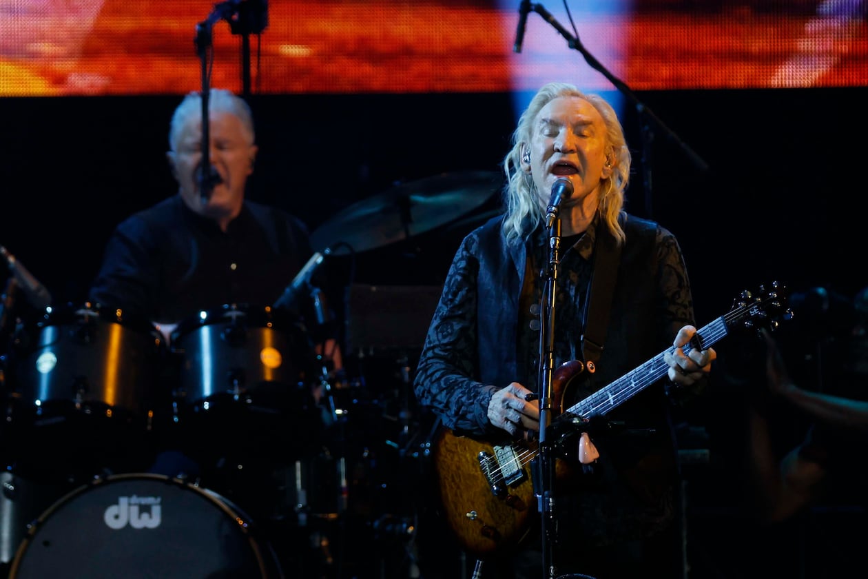Guitarist and singer Joe Walsh of the Eagles sings while Don Henley plays drums during the Long Goodbye Act III tour at Truist Park on Tuesday, May 5, 2026.
(Miguel Martinez/AJC)
