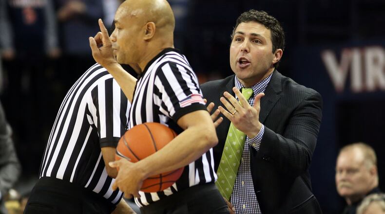 Josh Pastner of the Georgia Tech Yellow Jackets disputes a call in the first half during a game against the Virginia Cavaliers at John Paul Jones Arena on February 27, 2019.