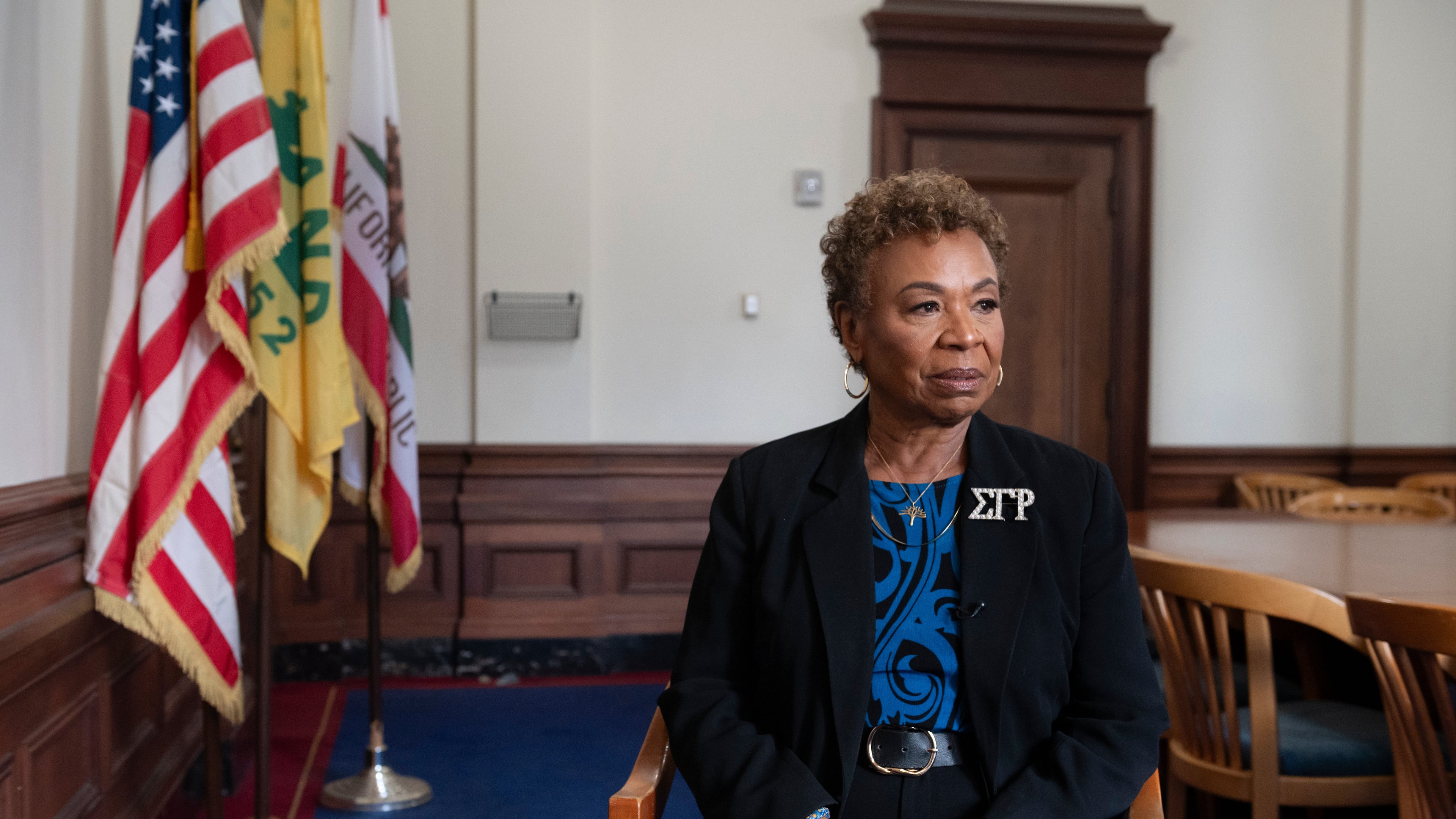 Oakland Mayor Barbara Lee pauses during an interview on Friday, Nov. 14, 2025, in Oakland, Calif. (AP Photo/Laure Andrillon)
