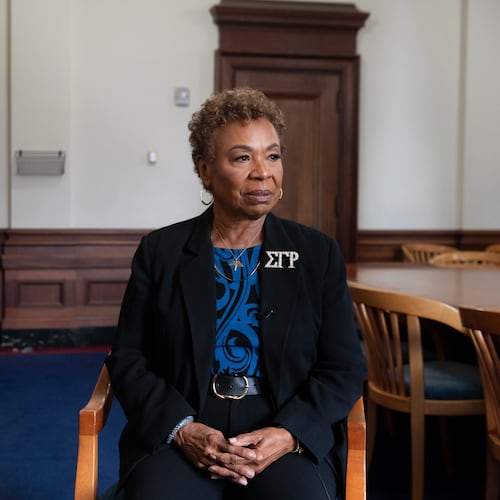 Oakland Mayor Barbara Lee pauses during an interview on Friday, Nov. 14, 2025, in Oakland, Calif. (AP Photo/Laure Andrillon)