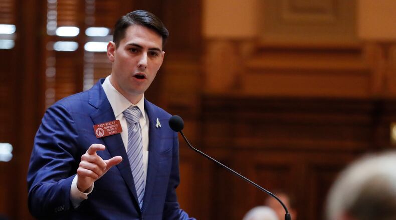 3/29/18 - Atlanta - Rep. Trey Kelley, R - Cedartown, presents HB 696, related to tax exemptions for computer equipment, which passed.  Thursday was the 40th and final day of the 2018 General Assembly.    BOB ANDRES  /BANDRES@AJC.COM