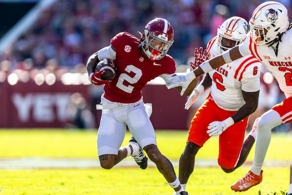 FILE - Alabama wide receiver Ryan Williams (2) runs the ball for a touchdown against Mercer during the first half of an NCAA college football game, Saturday, Nov. 16, 2024, in Tuscaloosa, Ala. (AP Photo/Vasha Hunt, File)