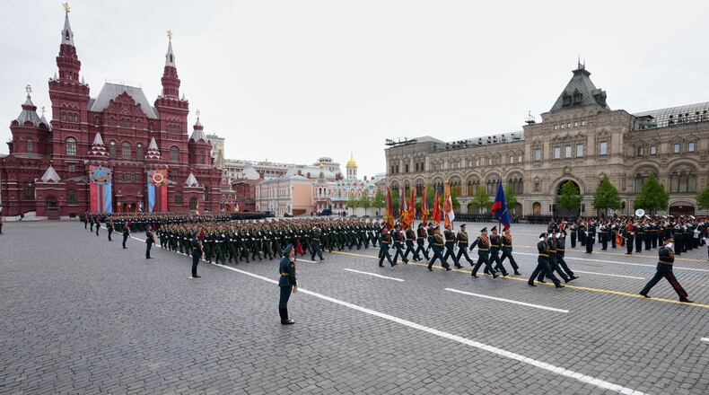 Russian servicemen march as they attend the Victory Day military parade in Moscow, Saturday, May 9, 2026, during celebrations of the 81st anniversary of the Soviet Union's victory over Nazi Germany during World War II. (AP Photo/Pavel Bednyakov, Pool)