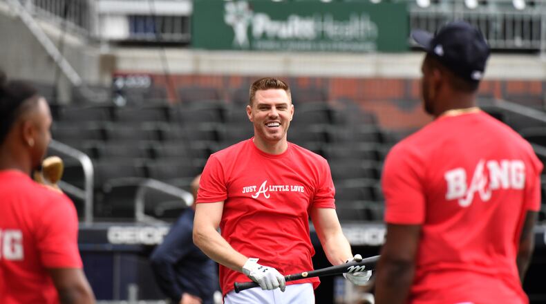 October 6, 2021 Atlanta - Atlanta Braves first baseman Freddie Freeman smiles after taking batting practice during a workout prior to traveling to Milwaukee for the 2021 NLDS at Truist Park on Wednesday, October 6, 2021. (Hyosub Shin / Hyosub.Shin@ajc.com)