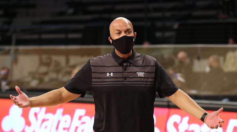 Georgia State head coach Rob Lanier argues after his team was called for a technical foul during the third overtime against Georgia Tech that ended in a 110-110 tie during Tech’s home opener in a NCAA college basketball game that extended into the early morning hour of Thursday, Nov 26, 2020, in Atlanta. Georgia State went on to beat Georgia Tech 123-120 in the fourth overtime period.