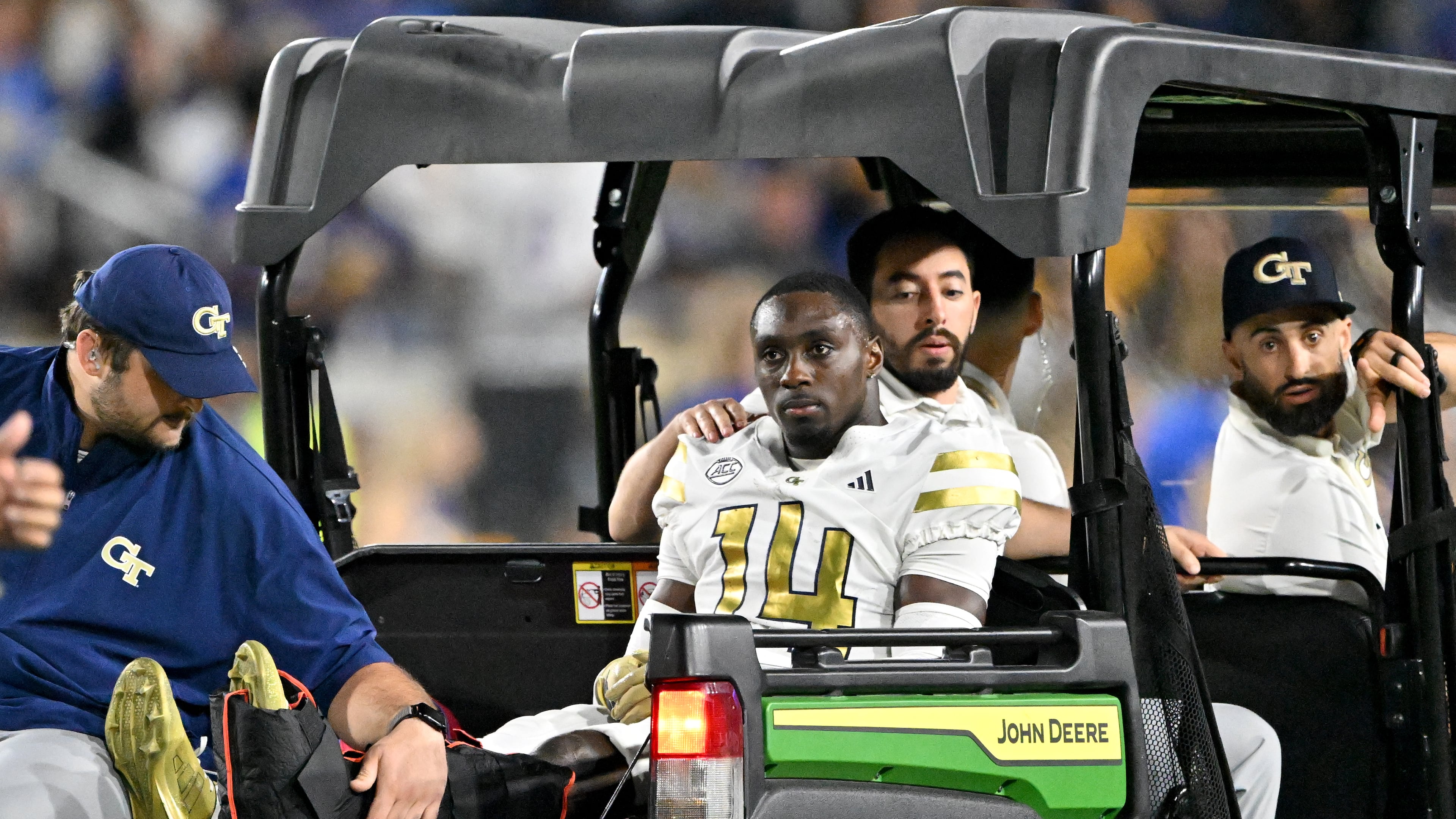 Georgia Tech defensive back Jy Gilmore (14) leaves after he got injured during the first half in an NCAA college football game at Bobby Dodd Stadium, Saturday, November 22, 2025, in Atlanta. Pittsburgh won 42-28 over Georgia Tech. (Hyosub Shin/AJC)