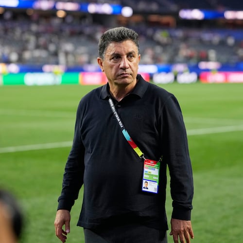 Iran head coach Amir Ghalenoei walks off the field after a draw during the World Cup Group G soccer match between Iran and New Zealand in Inglewood, Calif., near Los Angeles, Monday, June 15, 2026. (AP Photo/Mark J. Terrill)