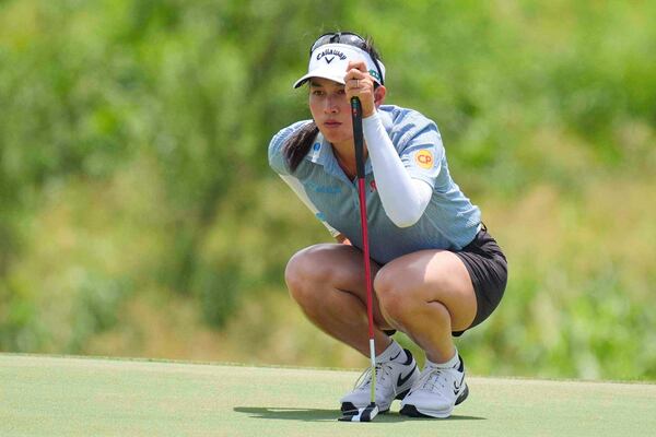 Jeeno Thitikul prepares to putt on the 10th hole during the second round of the Women's PGA Championship golf tournament Friday, June 20, 2025, in Frisco, Texas. (AP Photo/LM Otero)
