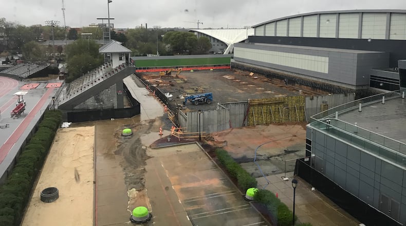 The view out of UGA Athletic Director Greg McGarity's window shows the $80 million football facility expansion at Butts-Mehre just coming out of the ground on Monday, March 23, 2020. (Photo by UGA's Greg McGarity)