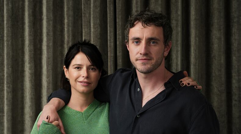Jessie Buckley, left, and Paul Mescal, cast members in the film "Hamnet," pose for a portrait during the Toronto International Film Festival on Sept. 7, 2025. (AP Photo/Chris Pizzello)