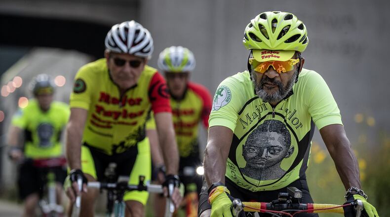 Louis Moore, right, and the Major Taylor Bicycling Club during a ride on the Midtown Greenway in Minneapolis on September 18, 2019. For the past 20 years Moore has headed the primarily African-American biking club that teaches beginning and advanced cycling skills. (Carlos Gonzalez/Minneapolis Star Tribune/TNS)