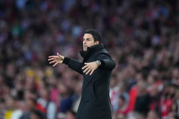 Arsenal's manager Mikel Arteta gestures during the Champions League semifinal first leg soccer match between Arsenal and Paris Saint-Germain at Emirates Stadium in London, England, Tuesday, April 29, 2025. (AP Photo/Kirsty Wigglesworth)