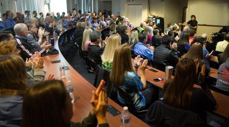 President Tim Hohmann addresses employees at the weekly staff meeting at AutomationDirect.com in Cumming on January 31st, 2017. AutomationDirect.com is the medium employer AJC Top Workplace winner. (Photo by Phil Skinner)