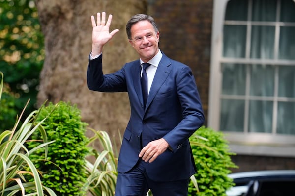 Nato Secretary General Mark Rutte arrives for his meeting with Britain's Prime Minister Sir Keir Starmer at 10 Downing Street in London, Monday, June 9, 2025. (Jordan Pettitt/PA via AP)