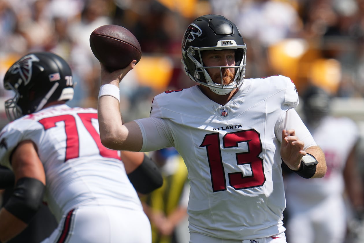 Atlanta Falcons quarterback Cooper Rush (13) looks to pass the ball during an NFL football game against the against the Pittsburgh Steelers, Sunday, Sept. 13, 2026, in Pittsburgh. (Gene J. Puskar/AP)