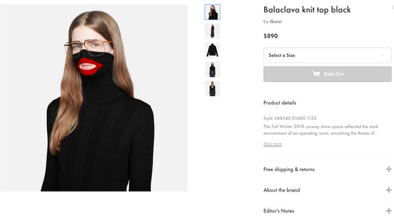 A screenshot taken on Thursday Feb.7, 2019 from an online fashion outlet showing a Gucci turtleneck black wool balaclava sweater for sale, that they recently pulled from its online and physical stores. Gucci has apologized for the wool sweater that resembled a "blackface" and said the item had been removed from its online and physical stores, the latest case of an Italian fashion house having to apologize for cultural or racial insensitivity.