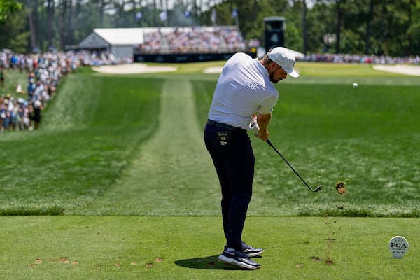 Bryson DeChambeau hits his tee shot on the fourth hole during the third round of the PGA Championship golf tournament at the Quail Hollow Club, Saturday, May 17, 2025, in Charlotte, N.C. (AP Photo/George Walker IV)