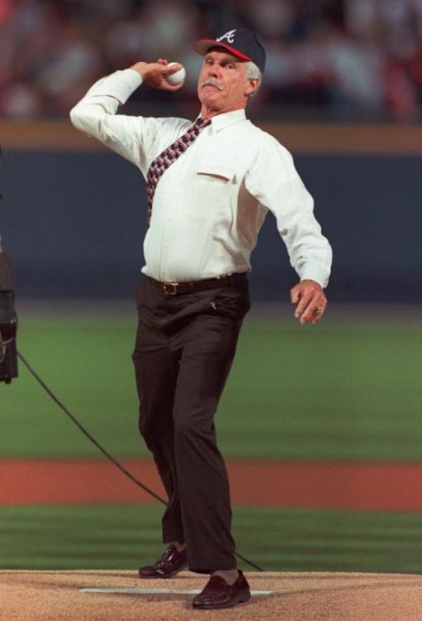 Atlanta Braves owner Ted Turner throws out the first pitch to open Turner Field, the new home of the Atlanta Braves, before Friday's, April 4, 1997 game with the Cubs. (John Bazemore/AP)