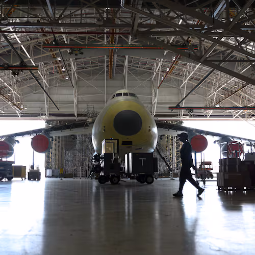 A C-5 aircraft is under repair at a hangar in Robins Air Force Base in Houston County on Aug. 21, 2026. (Arvin Temkar/AJC)