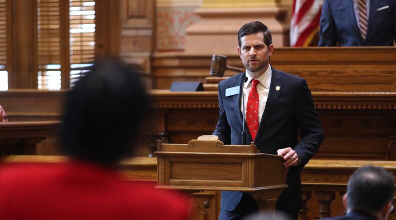 February 26, 2018 - Atlanta, Ga: Sen. Brian Strickland, R - McDonough, answers a question from a fellow senator as he discusses Senate Bill 407 in the Senate Chambers during Legislative day 27 at the Georgia State Capitol Monday, February 26, 2018, in Atlanta. The Georgia Senate approved two measures backed by Gov. Nathan Deal aimed at making changes to the state’s criminal justice system, including giving local law enforcement the ability to choose to issue a citation for low-level crimes. PHOTO / JASON GETZ