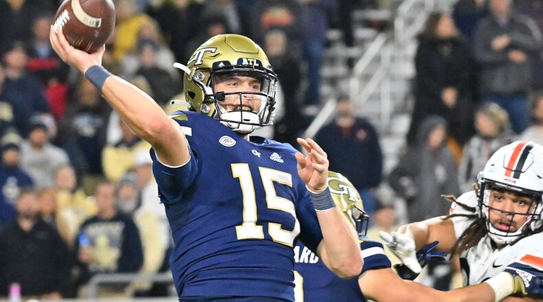 Georgia Tech quarterback Zach Gibson passes during the second half against Virginia. There was plenty to correct from Gibson’s performance against the Cavaliers, who won 16-9. (Hyosub Shin / Hyosub.Shin@ajc.com)