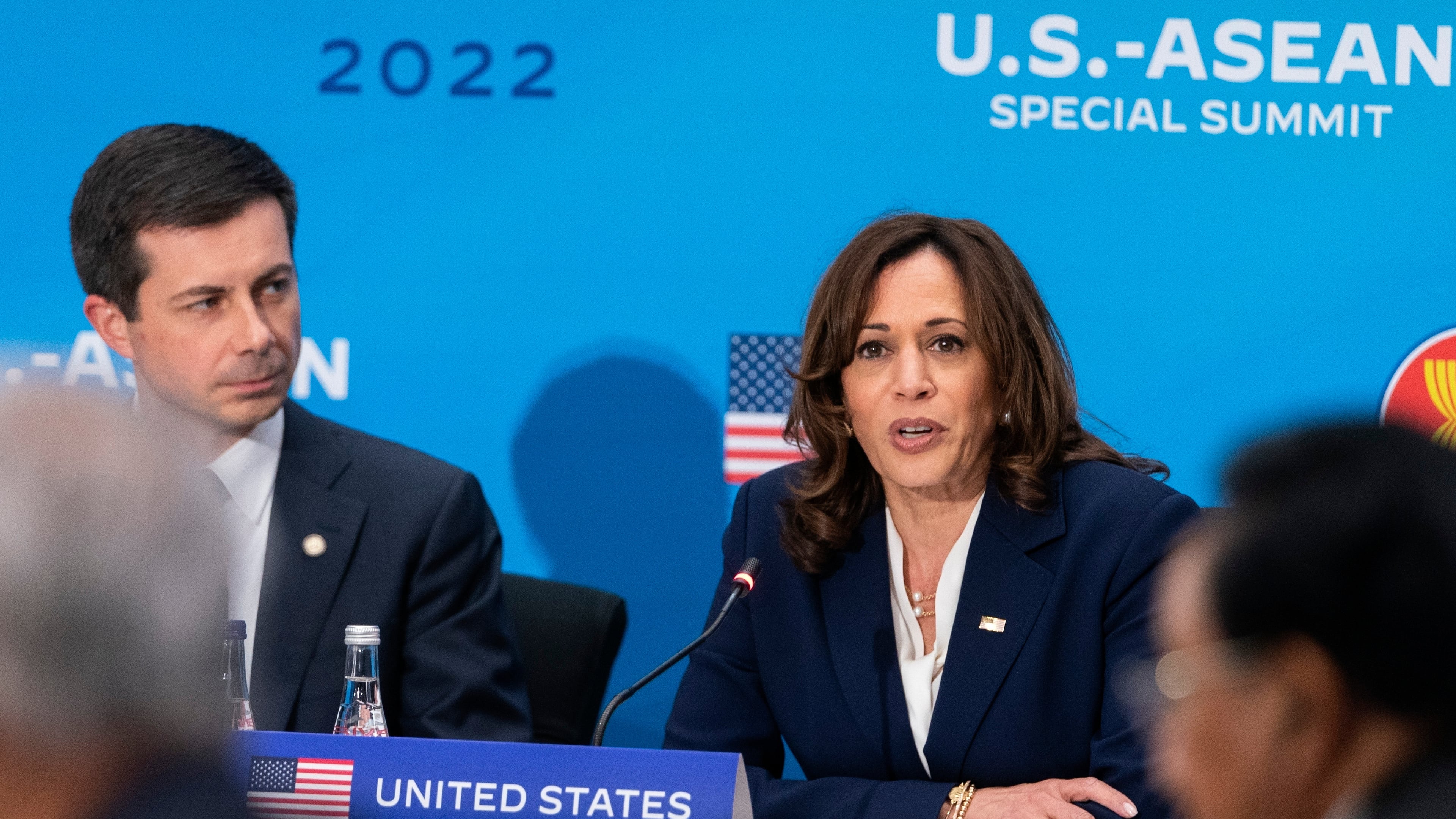 FILE - Vice President Kamala Harris, right, next to Transportation Secretary Pete Buttigieg, speaks during a plenary session of the US-ASEAN Summit, May 13, 2022, at the State Department in Washington. (AP Photo/Jacquelyn Martin, File)
