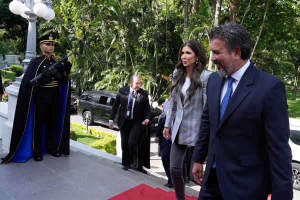 Homeland Security Secretary Kristi Noem arrives at the presidential palace in San Salvador, El Salvador, Wednesday, March 26, 2025. (AP Photo/Alex Brandon)