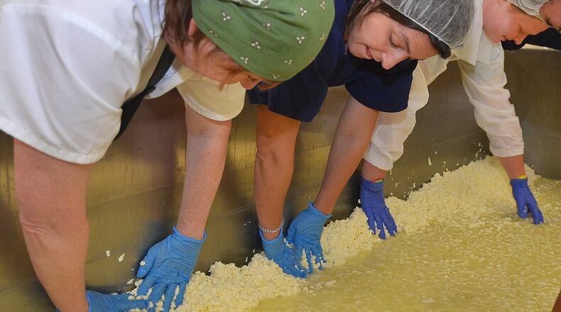 June 6, 2017 — As the whey is drained from the curds, everybody gets into the act of pulling the curds to the sides of a large vat at CalyRoad Creamery in Sandy Springs. Left to right: Creamery owner Robin Schick, cheese-maker Margout Abatto, and intern Peyton Ryan. (Chris Hunt/Special)