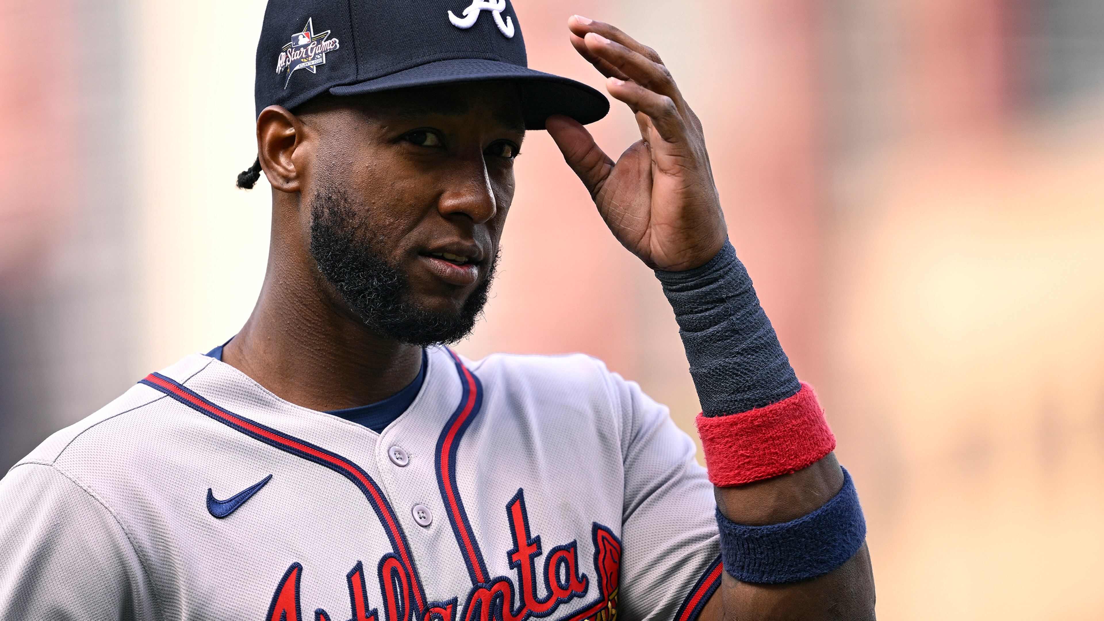 Jurickson Profar #7 of the Atlanta Braves looks on during the first inning against the San Diego Padres at Petco Park on March 30, 2025, in San Diego, California. (Orlando Ramirez/Getty Images/TNS)