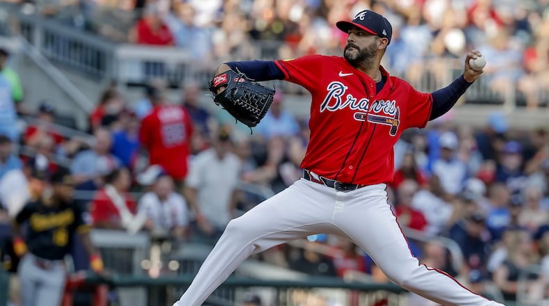 Pitcher Martín Pérez, shown here delivering to a Pirates batter earlier this month, has excelled in several different roles for the Braves. (Erik S. Lesser/AP)