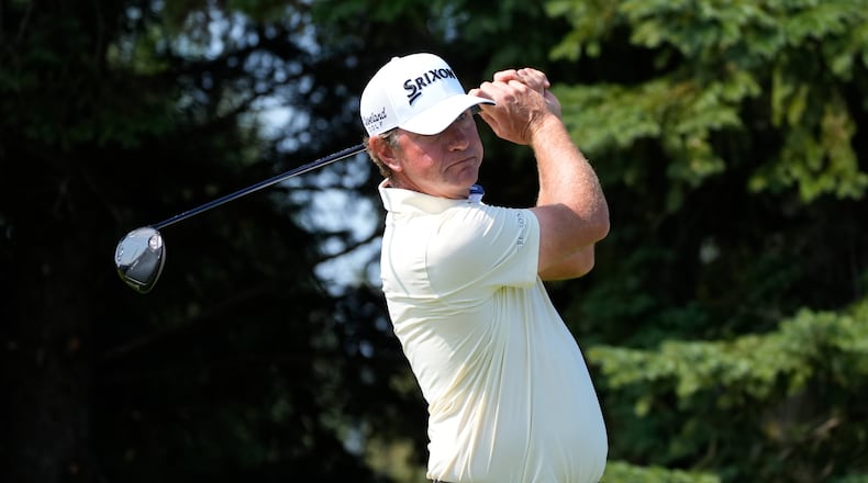 Lucas Glover hits from the second tee during the first round of the 3M Open golf tournament at the Tournament Players Club Thursday, July 23, 2026, in Blaine, Minn. (AP Photo/Bruce Kluckhohn)