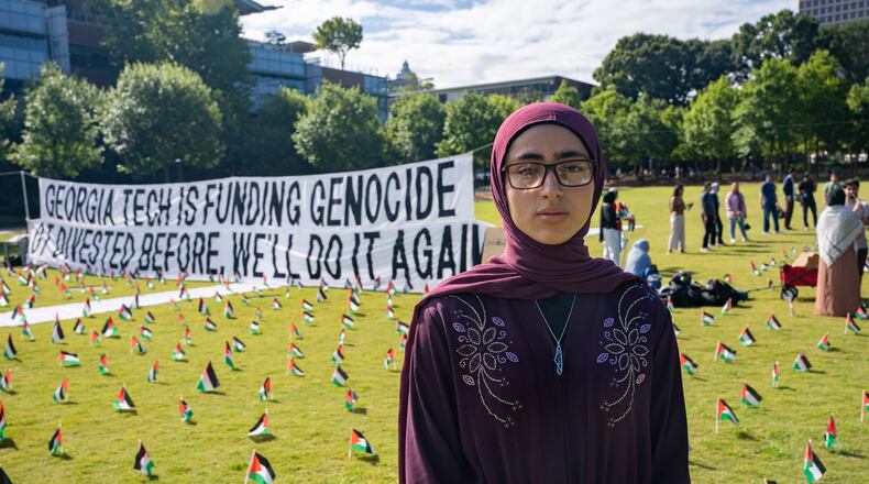 Renee Alnoubani, a fourth-year civil engineering student and president of the Muslim Student Association at Georgia Tech, stands on the campus green at a memorial on Tuesday, Aug. 20, 2024, for Palestinians affected by the Gaza conflict. (Olivia Bowdoin for the Atlanta Journal-Constitution)