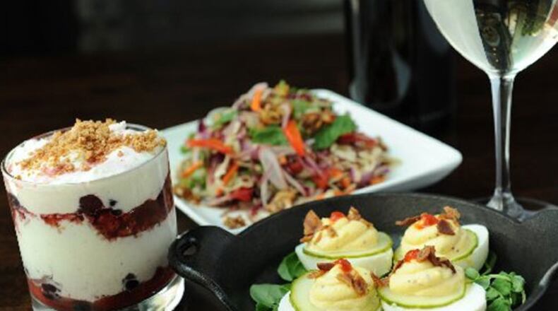 Deviled farm eggs, bacon, sriracha. Raw Thai salad, soy-lime dressing, soy peanuts. Mixed berry parfait, mascarpone, amaretti cookies at Saltyard.