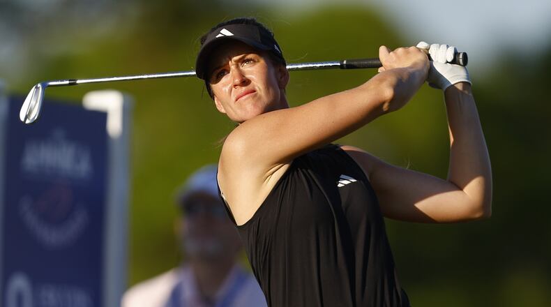 Linn Grant tees off on the ninth hole during round two of the Annika LPGA tournament on Friday, Nov. 14, 2025, in Belleair, Fla. (Luis Santana/Tampa Bay Times via AP)