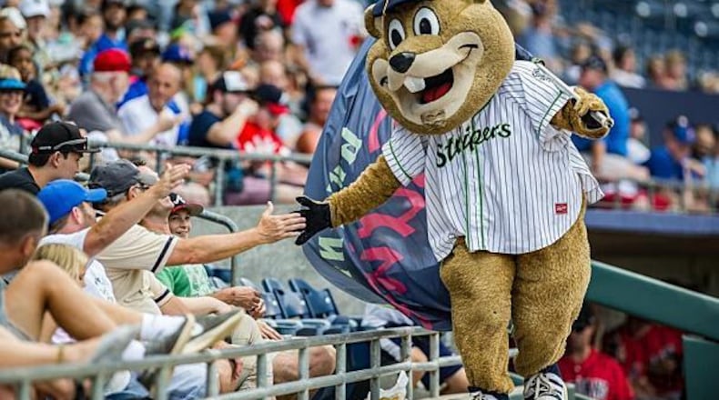 Chopper the Groundhog greets fans at a Gwinnett Stripers game. The team will offer a Ronald Acuna Jr. bobblehead giveaway this weekend.