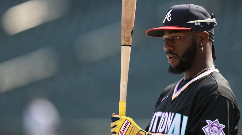Mike Harris takes part in National League batting practice before the MLB All Star Futures Game Sunday, July 11, 2021, in Denver. (Gabe Christus/AP)