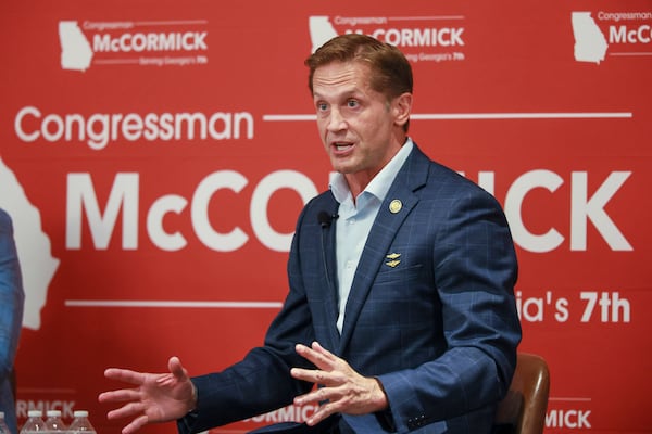 U.S. Rep. Rich McCormick, R-Suwanee, hosts an in-person town hall at the Atlanta Marriott Alpharetta in May. (Jason Getz/AJC)