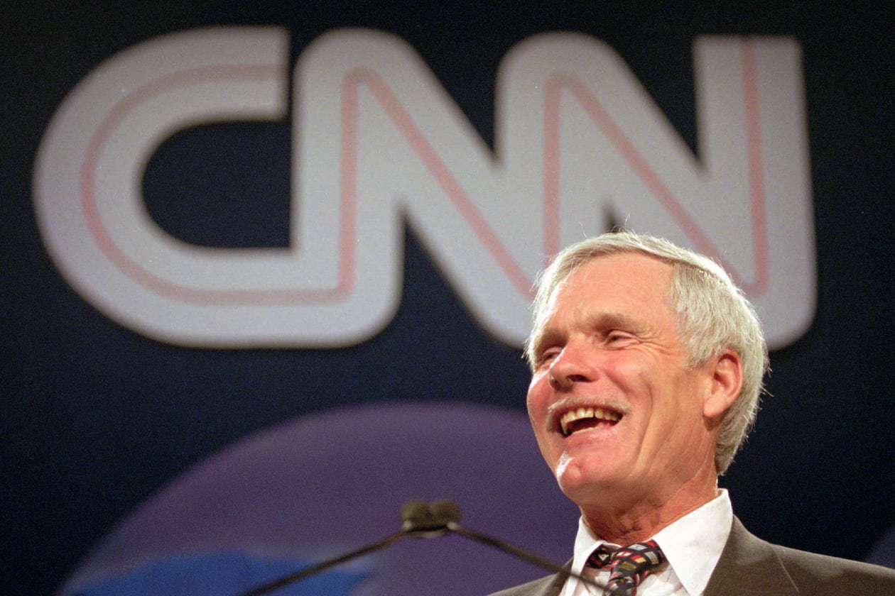 Ted Turner speaks during the CNN World Report contributors banquet in Atlanta on May 4, 1995. The late media mogul was remembered at a private memorial on June 10, 2026. (John Bazemore/AP)