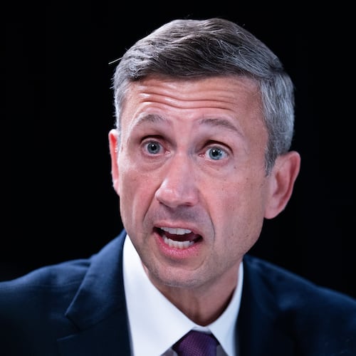 FILE - Democratic National Committee chair Ken Martin speaks during an interview with The Associated Press at DNC headquarters, Jan. 12, 2026, in Washington. (AP Photo/Allison Robbert, File)
