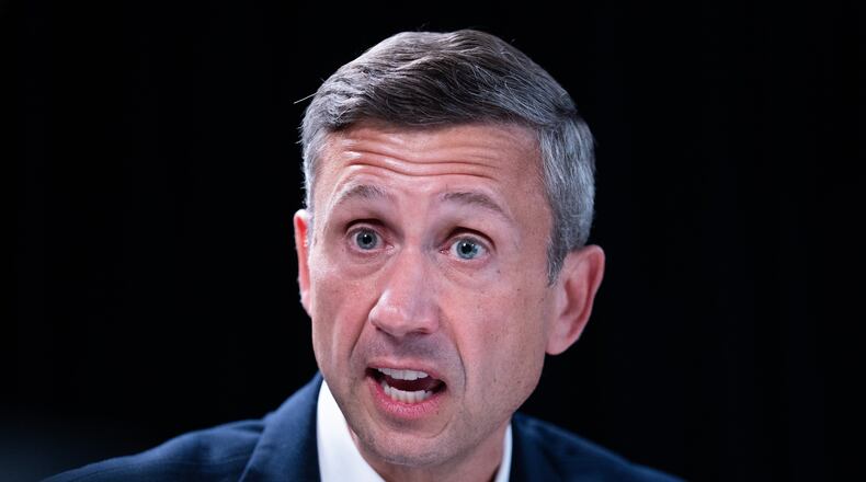 FILE - Democratic National Committee chair Ken Martin speaks during an interview with The Associated Press at DNC headquarters, Jan. 12, 2026, in Washington. (AP Photo/Allison Robbert, File)