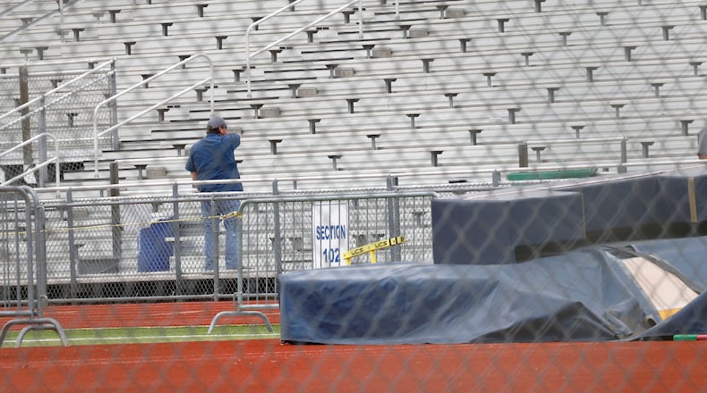 FILE - David Kuykendall Stadium's stands are seen on April 2, 2025, in Frisco, Texas, after the District 11-5A track meet that was being held there was postponed after a Frisco Memorial athlete was stabbed and killed. (Chitose Suzuki/The Dallas Morning News via AP, File)