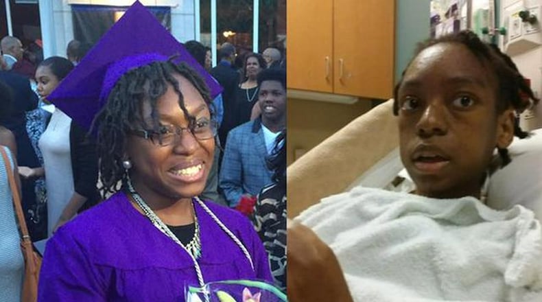 Iasia Sweeting, on the left after graduating high school in 2016, and on the right, in the hospital after police found her from a hotel in Peachtree Corners, where she was allegedly starved. (Channel 2 Action News)