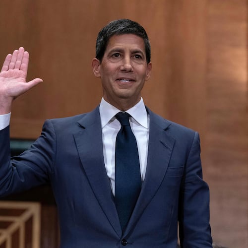 Kevin Warsh is sworn in during his nomination hearing to be a member and chairman of the Federal Reserve Board of Governors before the Senate Banking, Housing and Urban Affairs Committee on Capitol Hill, in Washington Tuesday, April 21, 2026. (AP Photo/Jose Luis Magana)
