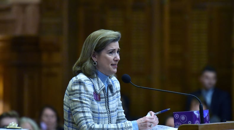 March 7, 2019 Atlanta - Rep. Deborah Silcox gets emotional as she speaks to oppose HB 481, which would outlaw abortions once a doctor can detect a heartbeat in the womb, in the House Chambers during Crossover day at the Capitol on Thursday, March 7, 2019. Hundreds of bills hang in the balance at the Georgia Capitol on Thursday, the self-imposed deadline for legislation to pass at least one chamber. Dozens of bills ranging from the hotly contested to the mundane will be debated on Crossover Day, which occurs on the 28th business day of each year’s 40-day legislative session. HYOSUB SHIN / HSHIN@AJC.COM