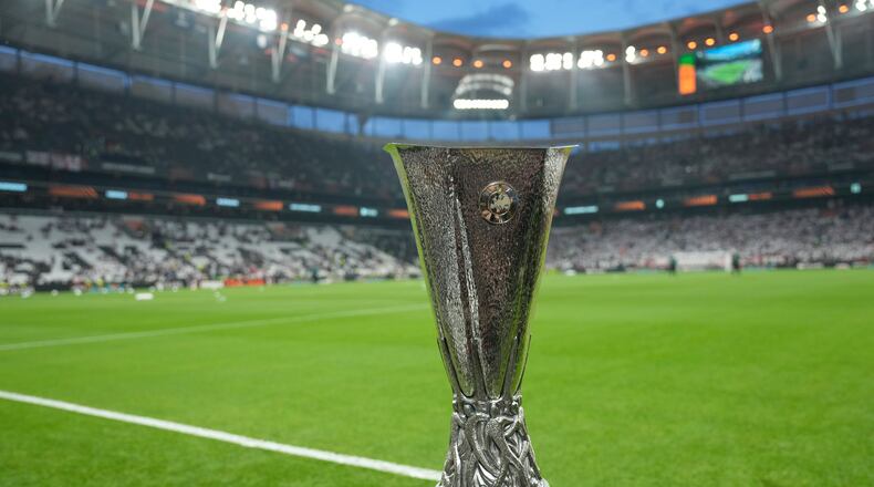 FILE - The trophy is displayed before before the Europa League final soccer match between Freiburg and Aston Villa in Istanbul, Turkey, Wednesday, May 20, 2026. (AP Photo/Emrah Gurel, File)