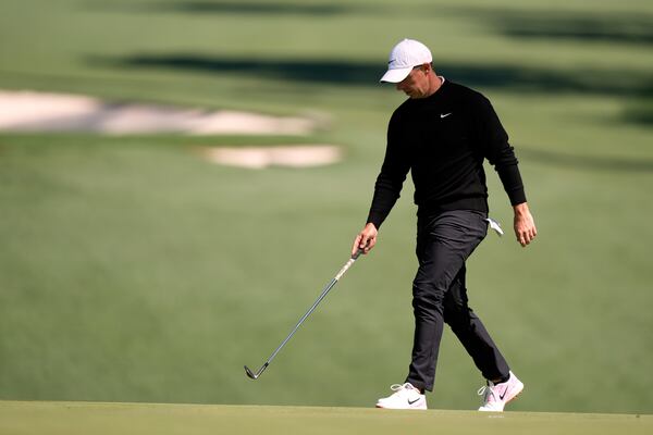 Rory McIlroy, of Northern Ireland, walks up the 10th fairway during a practice round at the Masters golf tournament, Tuesday, April 8, 2025, in Augusta, Ga. (AP Photo/Matt Slocum)