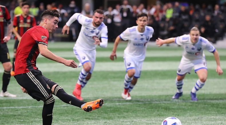 Atlanta United midfielder Miguel Almiron scores on a penalty kick to tie the game 1-1 against Montreal Impact during the second half in a MLS soccer game on Saturday, April 28, 2018, in Atlanta. Curtis Compton/ccompton@ajc.com